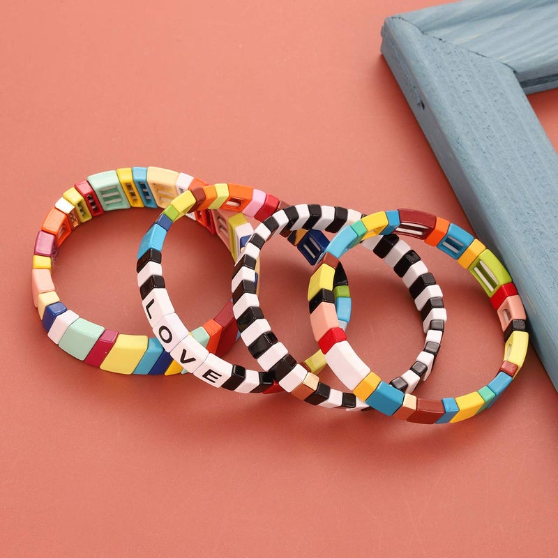 HZEYN Enamel Tile Bracelet Stackable Rainbow Tile Bead Love Stretchy Bracelet Colorblock Enamel Brite Bracelet for Women Set of 4 Strands - Image 4